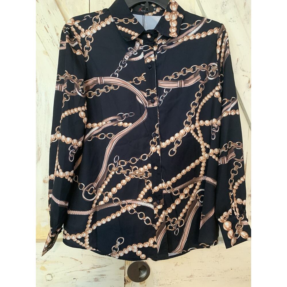 N By Nancy Button Up Long Sleeve Baroque Chain Print Shirt Medium Black/Gold NWT